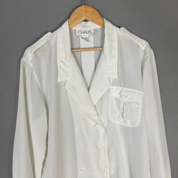 Vintage 80s Blouse Double Breasted Women White Button-Up‎ Long Sleeve Office Top - Picture 3 of 12